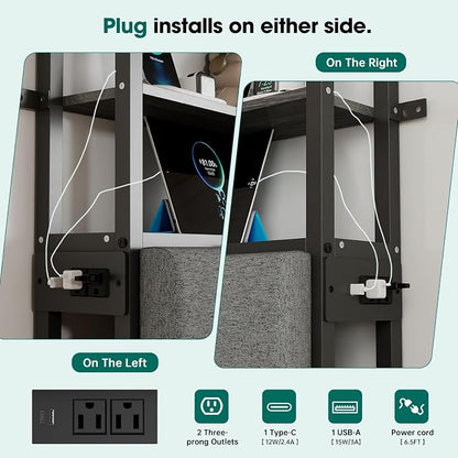 54.8" Tall Headboard Queen Size with 3-Tier Storage Shelves, Linen Upholstered Head Board with USB & Type C Port & LED Light, Soft Backrest for Queen Size Bed,