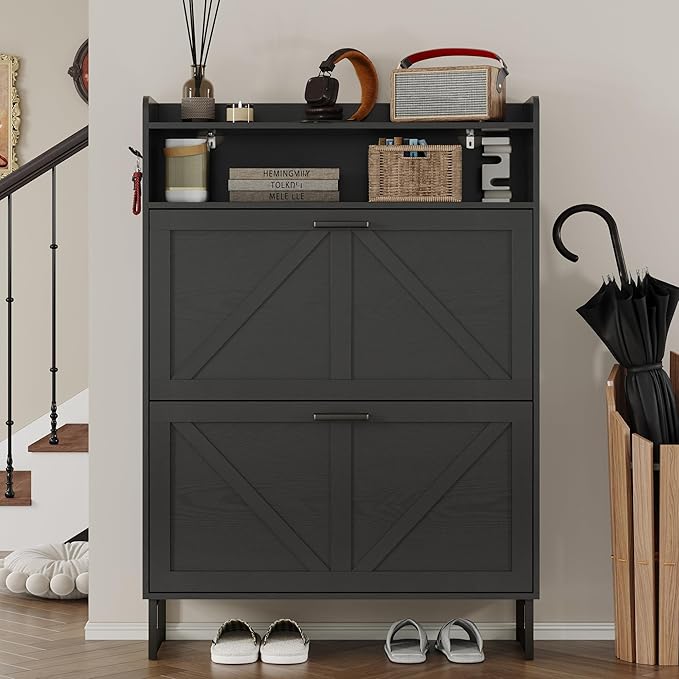 BORNOON Shoe Cabinet with 2 Flip Drawers Narrow Shoe Storage Cabinet Organizer Wooden Freestanding Rack Hidden Slim Storage for Entryway, Hallway, Living Room, Bedroom