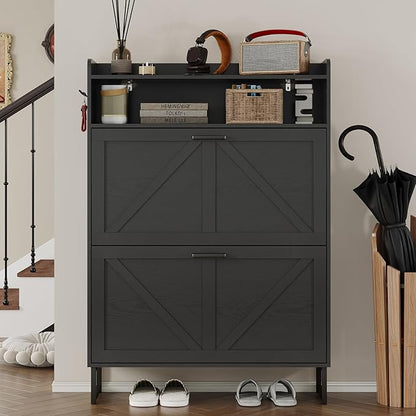 BORNOON Shoe Cabinet with 2 Flip Drawers Narrow Shoe Storage Cabinet Organizer Wooden Freestanding Rack Hidden Slim Storage for Entryway, Hallway, Living Room, Bedroom