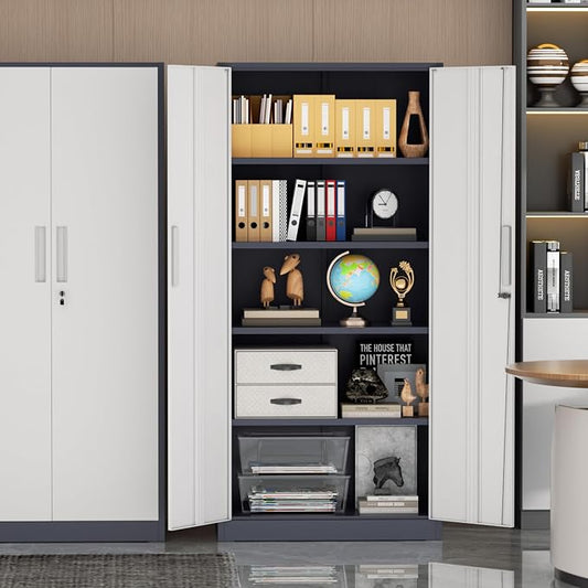 Incbruce 72” Metal Storage Cabinet, Garage Cabinets and Storage System with Doors and Shelves, Tall Lockable Tool Cabinet for Garage, Office, Home (Grey White)