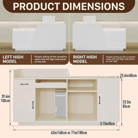 Reception Desk with Counter, Modern Reception Desk with Drawers & 2 Storage Cabinets & 3 Storage Compartments, Front Desks Reception Counter for Salon/Office/Store (Black-Right, 63inch/160cm)