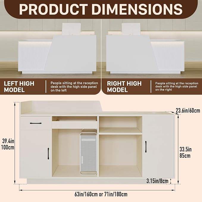 Reception Desk with Counter, Modern Reception Desk with Drawers & 2 Storage Cabinets & 3 Storage Compartments, Front Desks Reception Counter for Salon/Office/Store (White-Right, 63inch/160cm)