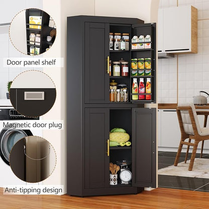 GAIOUS 63" Tall Metal Corner Kitchen Pantry Cabinet, Steel Storage Cabinets with 4 Doors and 3 Shelves, Kitchen Food Cabinets with 6 Door Panel Shelves, Farmhouse Cupboard for Kitchen Dining, Black