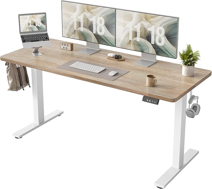 TIQLAB Standing Desk 63 x 24 inch, Electric Height Adjustable Desk with Splice Board, Sit Stand Desk Computer Table for Home Office, White Frame/Maple Top