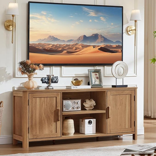 Joaxswe Farmhouse 55" Tv Stand,Dark Wood Entertainment Center with Adjustable Shelves & 2 Door Storage,Wooden Media Console Cabinet for TVs Up to 65 inches, Rustic Tv Stands for Living Room,Bedroom