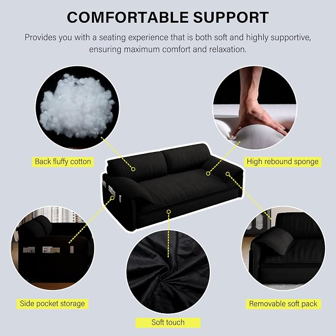 66" Sleeper Sofa Bed Queen Size, 3-in-1 Convertible Couch, Modern Pull Out Couches, Comfy Velvet Futon Sofa, Cloud Loveseat Lounge, Pillow Arm, for Small Spaces, Living Room, Apartment, Black