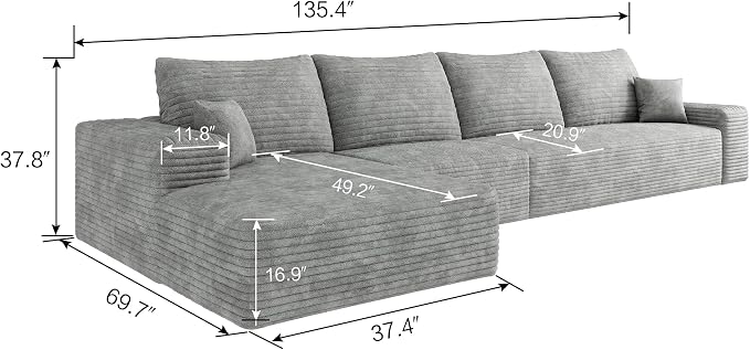 135" Corduroy Couch Sectional with Chaise, L Shape Boneless Cloud Couches for Living Room Bedroom, Modular Corner Couch, Fluffy Deep Seat Compression Sofa, Left Facing Chaise, No Assembly, Grey