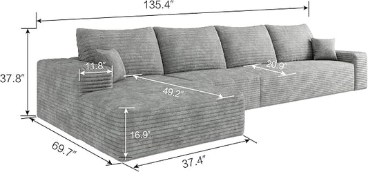 135" Corduroy Couch Sectional with Chaise, L Shape Boneless Cloud Couches for Living Room Bedroom, Modular Corner Couch, Fluffy Deep Seat Compression Sofa, Left Facing Chaise, No Assembly, Grey