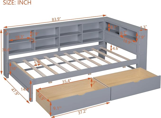 Bellemave Twin Corner Bed Frame, Wood Twin Size Daybed with L-Shaped Bookcase and 2 Drawers，Daybed with Storage Cabinets, Gray