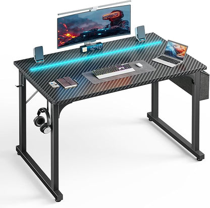 DurayLoly 40" Gaming Desk with Waterproof LED Lights, Carbon Fiber Desktop for Small Spaces | Home Office Study Computer Desk with Storage Bag & Headphone Hook, Black