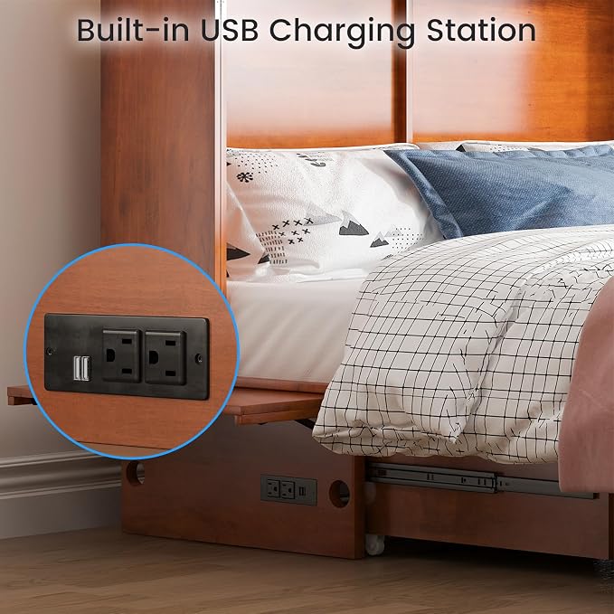 PUREMIND Queen Murphy Bed with Mattress Included, Solid Wood Cabinet Bed with Storage Drawer, USB Charging Ports and Folding Tray, Space Saving Hideaway Murphy Beds Cabinet for Guest Room