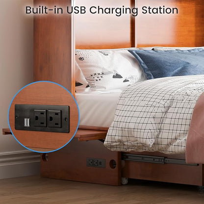 PUREMIND Queen Murphy Bed with Mattress Included, Solid Wood Cabinet Bed with Storage Drawer, USB Charging Ports and Folding Tray, Space Saving Hideaway Murphy Beds Cabinet for Guest Room