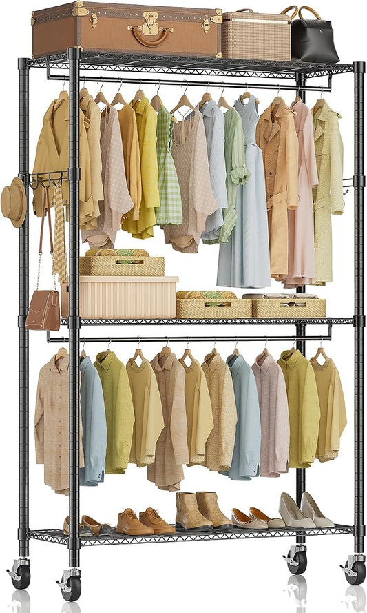 Simple Deluxe Rolling Clothes Rack, Heavy Duty Clothing Rack, 3-Shelf Portable Adjustable Wardrobe Closet with Wheels, Hanging Rods & Side Hooks, 43.3" W x 17.7" D x 80.3" H, Black
