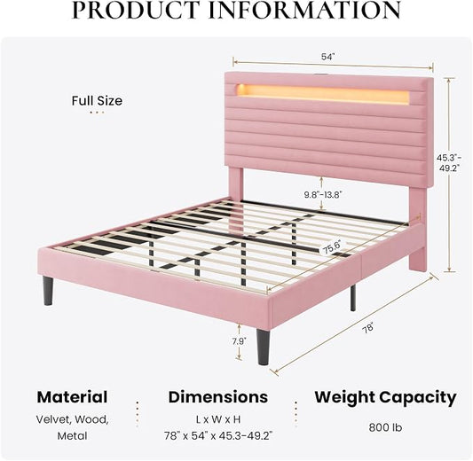SHA CERLIN Full Bed Frame with LED Light & 2-Tier Storage Shelf, Velvet Upholstered Adjustable Headboard with Charing Station, Horizontal Channel Tufted, No Box Spring Needed, Easy Assembly, Pink