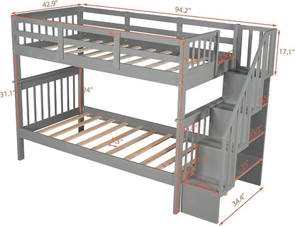 MERITLINE Twin Over Twin Bunk Bed with Storage Staircase, Solid Wood Stairway Convertible Bunk Bed with Stairs (Twin Over Twin,Grey)