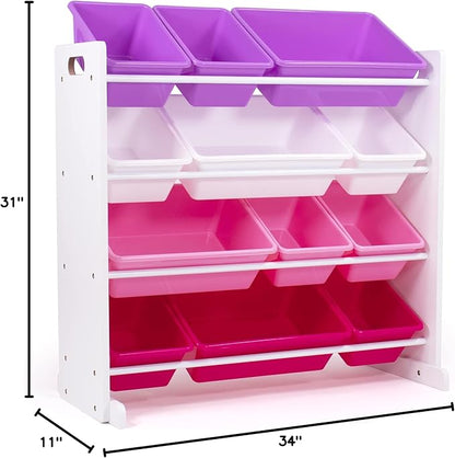 Humble Crew Toy Storage Organizer with 12 Removable Storage Bins for Kids Playroom, 4-Tier Toddler Toy Organization, White/Purple/Pink