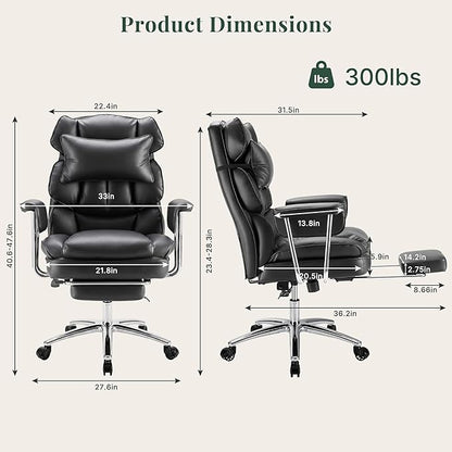 Executive Ergonomic Office Chair, PU Leather High Back Reclining Office Chair with Footrest and Lumbar Support, Height Adjustable Rolling Swivel Computer Chair for Home Office,Black