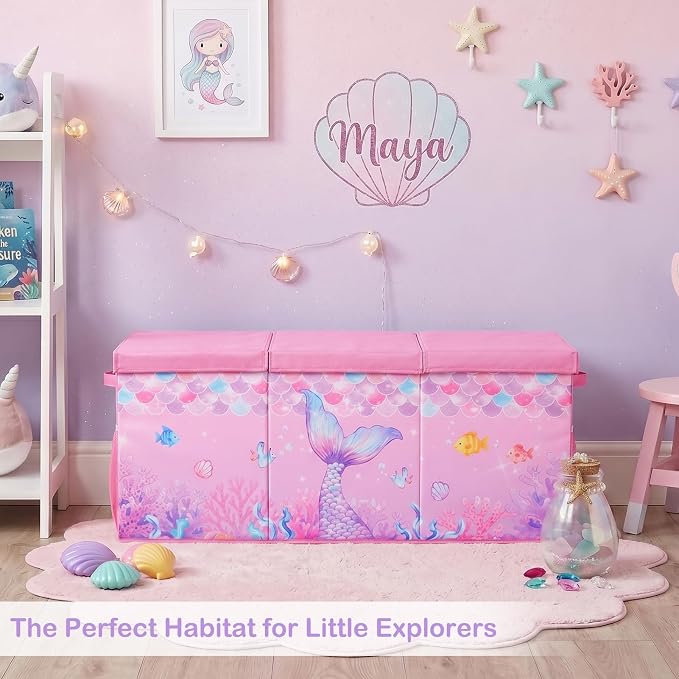 Unicorn Castle Toy Box with Adjustable Divider Toy Chest Storage Large Toy Storage Organizer Bin Collapsible with Lid Pockets for Nursery Playroom,Pink Purple Mermaid