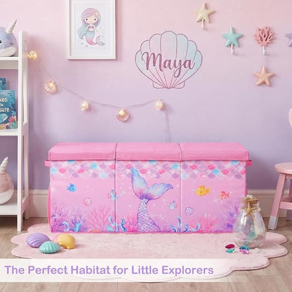 Unicorn Castle Toy Box with Adjustable Divider Toy Chest Storage Large Toy Storage Organizer Bin Collapsible with Lid Pockets for Nursery Playroom,Pink Purple Mermaid