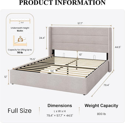 SHA CERLIN Full Size Lift Up Storage Bed/Modern Wingback Headboard/Upholstered Platform Bed Frame/Hydraulic Storage/No Box Spring Needed/Wood Slats Support/Light Beige