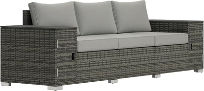 Outsunny 3 Seater Wicker Sofa with 2 Storage Side Tables and Thickened Cushions, Rattan Outdoor Patio Sofa with Wide Armrests, Wicker Outdoor Couch for Porch, Garden, Backyard, Gray