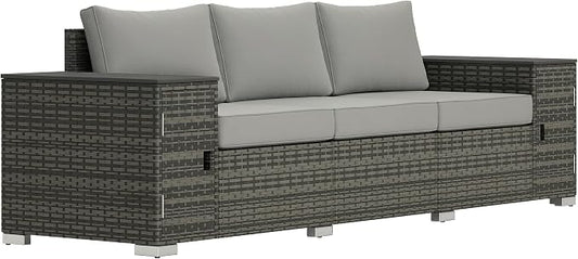 Outsunny 3 Seater Wicker Sofa with 2 Storage Side Tables and Thickened Cushions, Rattan Outdoor Patio Sofa with Wide Armrests, Wicker Outdoor Couch for Porch, Garden, Backyard, Gray