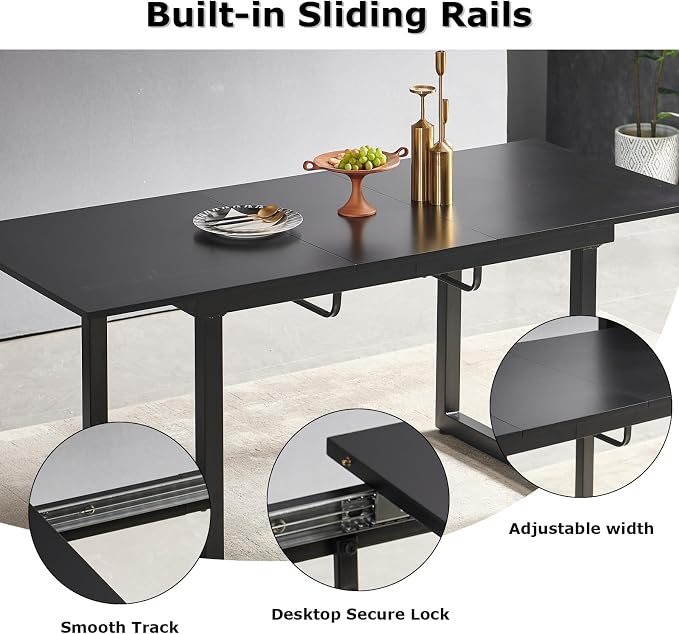 Extendable Dining Table for 4-8 People,70.86''Modern Space-Saving Kitchen Table with Metal Legs,Rectangle Folding Conference Meeting Table for Living Meeting Room Kitchen,Black
