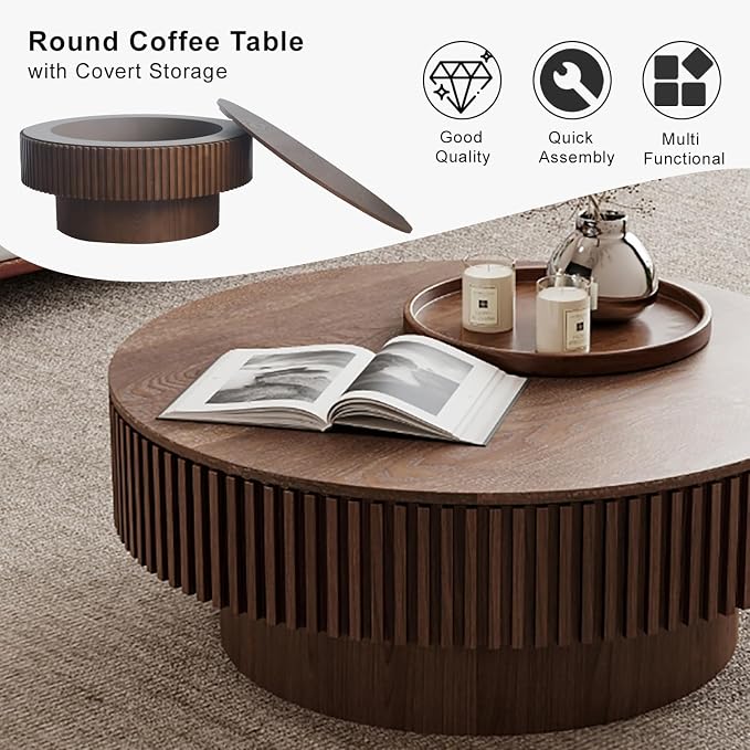 Round Coffee Table with Storage, Modern Wooden Coffee Table with Solid Wood Veneered, Circle Center Table Accent Tea Table for Living Room Apartment Small Space (31.5''L × 31.5''W × 14''H, Walnut)