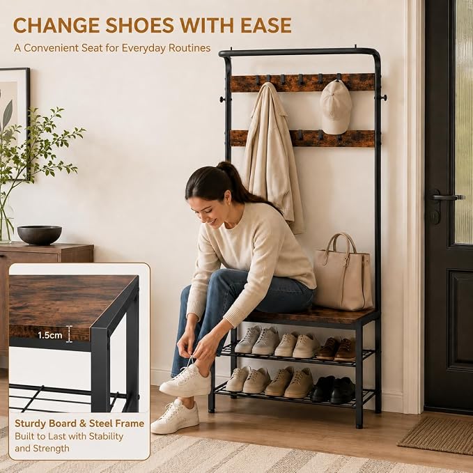 Simple Deluxe 4-in-1 Entryway Coat Rack, Hall Tree with Bench and Shoe Storage, Mudroom Bench with Storage and 10 Hooks Hall Tree Organizer for Entryway, Bedroom, Brown
