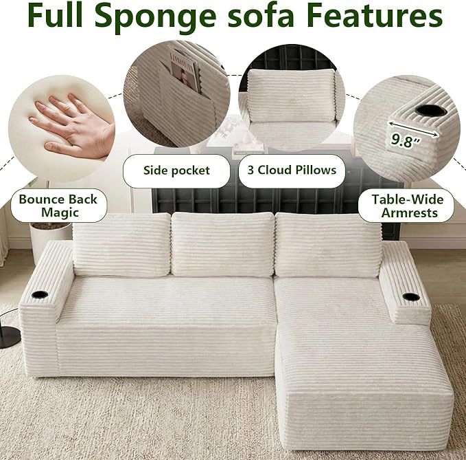 104.3" Modular Sectional Sofa,Modern Corduroy Cloud Couch with Cup Holder & Side Pockets,Boneless Couch Upholstered 4-Seater L-Shaped Sofa for Living Room,No Assembly (White, Right-Facing Chaise) | with Cup Holder