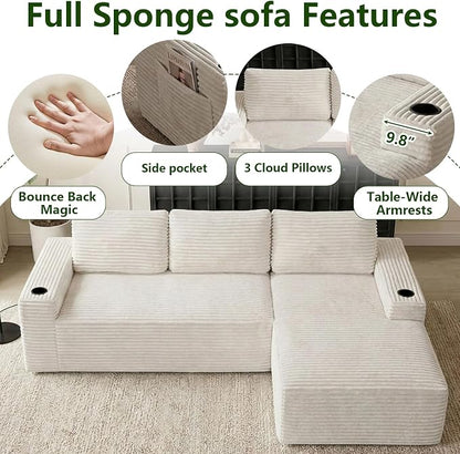 104.3" Modular Sectional Sofa,Modern Corduroy Cloud Couch with Cup Holder & Side Pockets,Boneless Couch Upholstered 4-Seater L-Shaped Sofa for Living Room,No Assembly (White, Right-Facing Chaise) | with Cup Holder
