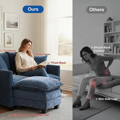 50'' L-Shape Loveseat Sofa with 22" Ottoman, 2 Seat Modern Cloud Couch with 2 Washable Pillows for Small Space Apartment Office Living Room Bedroom, Blue