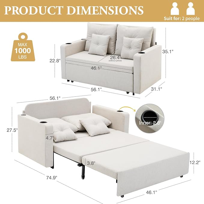 Busaurus 3 in 1 Convertible Sofa Bed, 56" Loveseat Sleeper Sofa Couch with Pullout Bed, Comfy Pull Out Sofa Bed with USB, Full Size Sleeper Sofa Bed for Living Room, Bedroom, Small Space, Beige