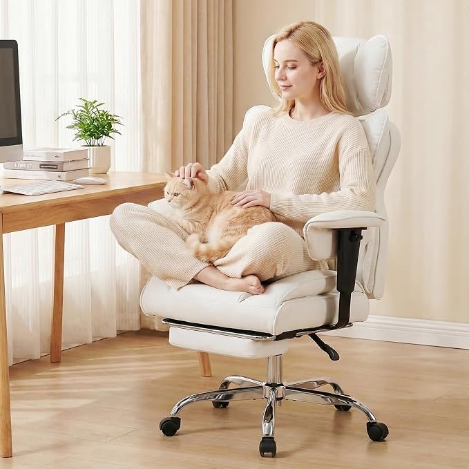 DUMOS Big and Tall Home Office Desk Chair, Ergonomic Executive Chair with Footrest, Computer Gaming Chairs with High Back Reclining, Adjustable Armrests and Comfy Lumbar Support, PU Leather, White