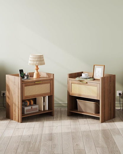 WLIVE Rattan Nightstands Set of 2, Night Stand Sets with Charging Station, Boho Bed Side Table with Storage Drawer and Open Shelf, End Tables Bedroom, Natural Oak