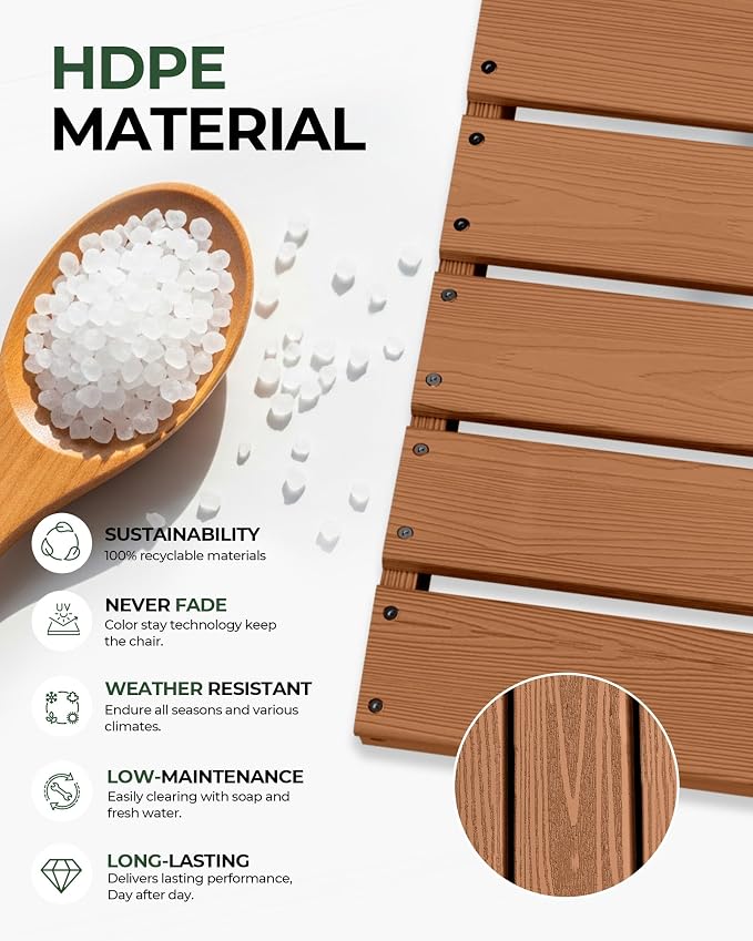 Set of 2 Weatherproof Patio Chairs - HDPE Outdoor Dining Chairs with Wide Seat, Ergonomic Design - for Garden, Backyard, Deck - Teak