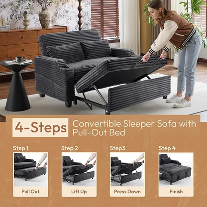 VINGLI Dark Gray Futon Sofa Bed Convertible Loveseat Sleeper Sofa Couch, Corduroy Pullout Sofa Fold Out Couch Bed with USB Ports, Cup Holders, Armrest for Living Room, Bedroom Apartment Room
