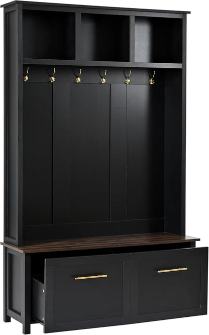 Merax 4-in-1 Hall Tree with Bench, Modern Versatile Multiple Storage Space with 6 Golden Hooks, 2 Drawers, Entryway Coat Rack for Living Room, Hallway, Black