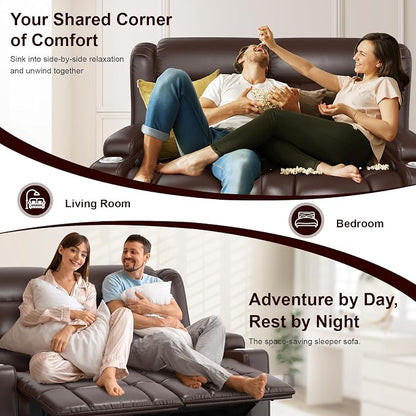 RV Loveseat Recliner Sofa, PU Leather RV Reclining Loveseat with USB Charge Ports, Cup Holders, 2 Seater Manual Pull Tab Recliner Sofa Couches for Living Room/RV, Brown