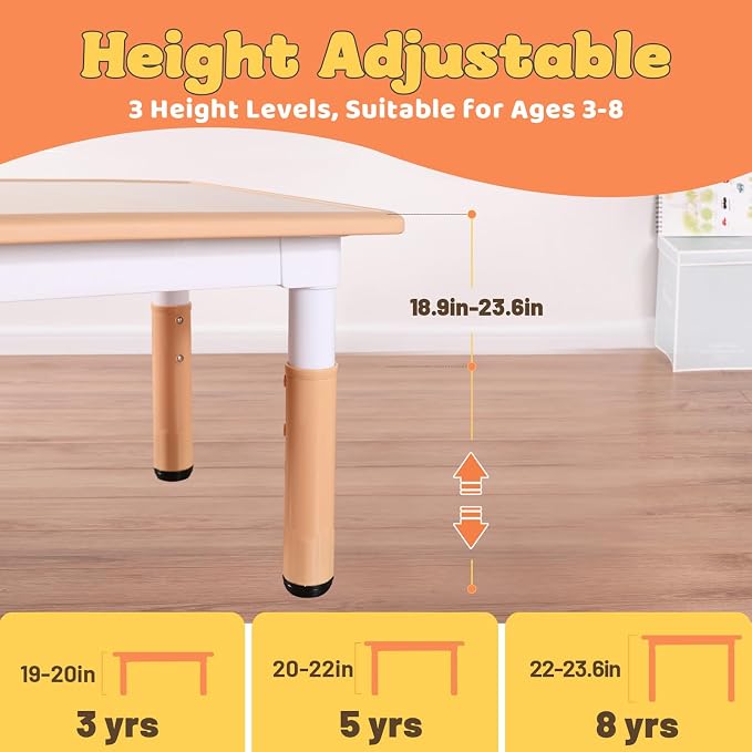 FUNLIO 23.6in*47.2in Adjustable Kids Table, 3-Level Height for Ages 3-8, Easy to Wipe Arts & Crafts Toddler Table for Classrooms/Daycares/Homes, CPC & CE Approved - Natural