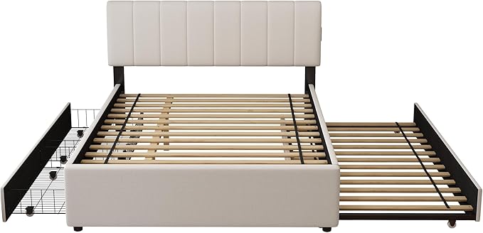 Full Size Upholstered Platform Bed w/Trundle Bed & 2 Storage Drawers | Twin Size Trundle,Two Drawers,LED Lighting Controlled by APP, USB+Type-C Charging Ports, Chenille Upholstered Bed Frame,Beige
