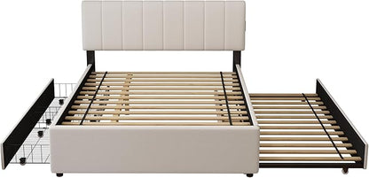 Full Size Upholstered Platform Bed w/Trundle Bed & 2 Storage Drawers | Twin Size Trundle,Two Drawers,LED Lighting Controlled by APP, USB+Type-C Charging Ports, Chenille Upholstered Bed Frame,Beige