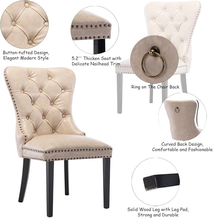 CIMOTA Beige Leather Dining Chairs Set of 4 Mid Century Modern Dining Room Chairs Tufted Upholstered Kitchen Dining Chairs Comfortable Side Chairs with Nailhead Trim/Ring Back (PU /4PCS)