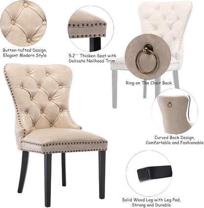 CIMOTA Beige Leather Dining Chairs Set of 4 Mid Century Modern Dining Room Chairs Tufted Upholstered Kitchen Dining Chairs Comfortable Side Chairs with Nailhead Trim/Ring Back (PU /4PCS)