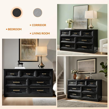 7 Drawer Dresser for Bedroom, 53.5" Wide Wooden Closet Organizers, Modern Oak Chest of Drawers with Metal Handle, Large Storage Dresser TV Stand for LivingRoom Office, Entryway (Black)