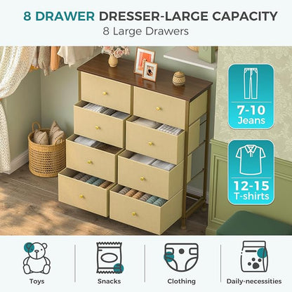 OLIXIS 8 Drawer Storage Dresser with Wood Top - Wide Fabric Chest Organizer for Bedroom, Closet, Living Room,Tower Cabinet, TV Stand, Hallway Entryway Furniture,Khaki