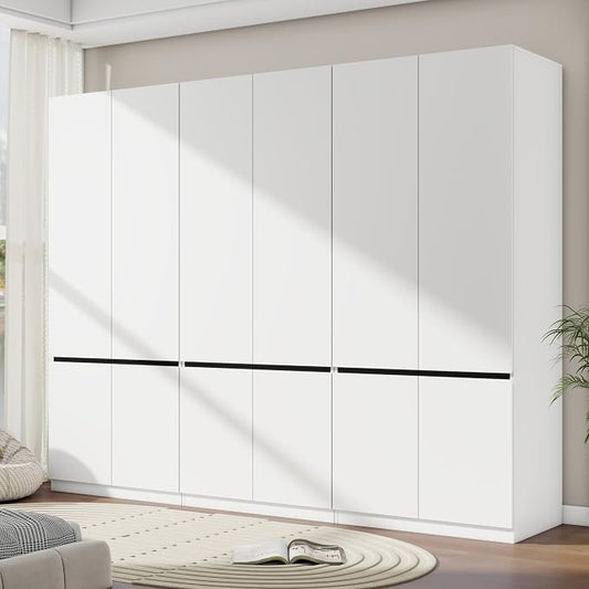 Bedroom Armoire Wardrobe Closet with 6 Doors: 75" White Wardrobe Cabinet for Clothes, Wooden Closet with Hanging Rod, Modern Armoire with Shelves (3)