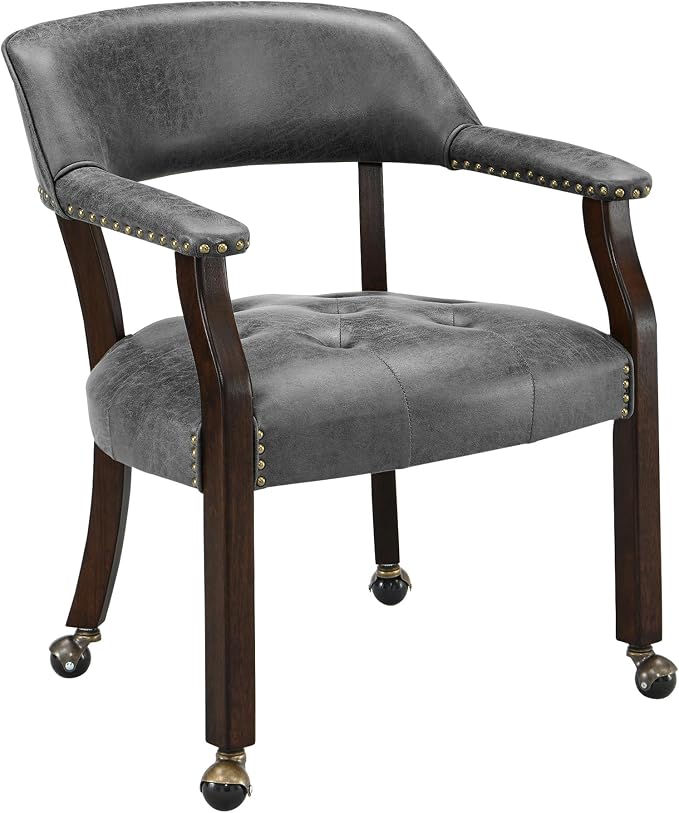 LEEMTORIG Dining Chairs with Casters and Arms, Rolling Dining Chairs with Wheels for Elderly, Ergonomic Wide Seat Wooden Office Desk Chairs, 26"D x 25.2"W, Espresso Legs & Dark Grey Fabric SY-318-GY