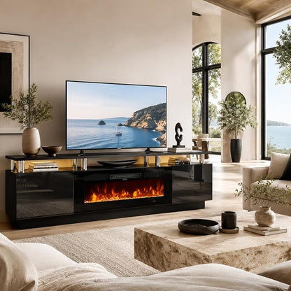 70" TV Stand for Living Room, Modern Entertainment Center & Media Console, Fits TVs up to 80", Storage Cabinet with Shelves, 36" Electric Fireplace with LED Flame (All Black)