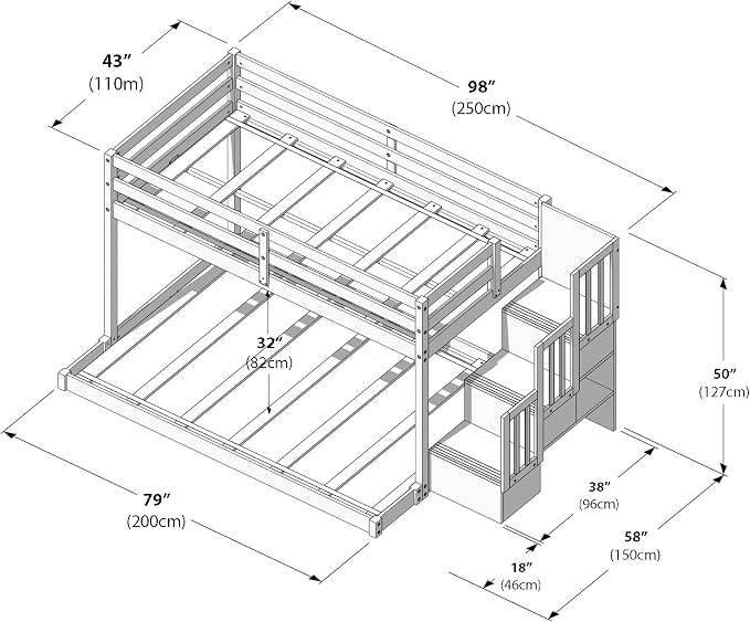 Grain & Grove Bear Twin Over Full Low Bunk Bed with Staircase, Solid Guardrails, Reversible Stairs, Engineered Wood, Oak Embossed Pecan